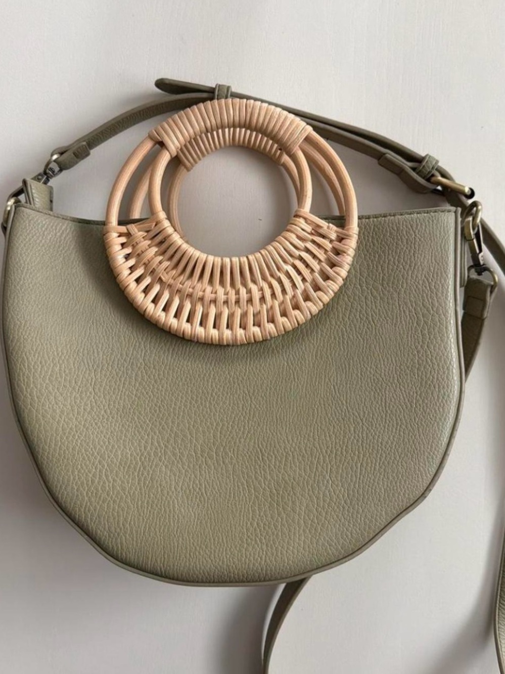 Anthropologie Olive Crescent Shoulder Bag with Woven Bamboo Handle
